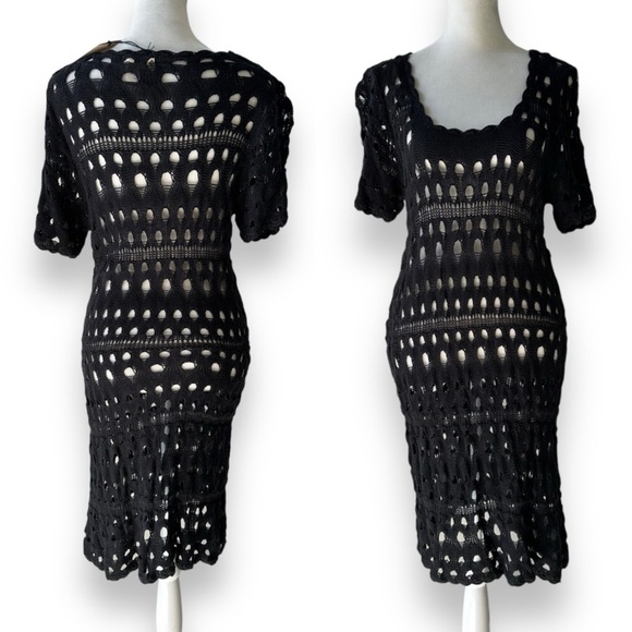 New Kial Black Crochet Knit Short Sleeve Midi Dress or Swim Cover | Large - Picture 2 of 12